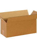 Open 14 X 6 X 6 In corrugated cardboard box from pack of 25, showing kraft material and design for shipping and storage.