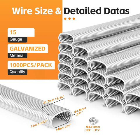 15 Gauge 3 Quarter Inch Crown Galvanized C Ring Staples for hog ring tools shown stacked with detailed size information.