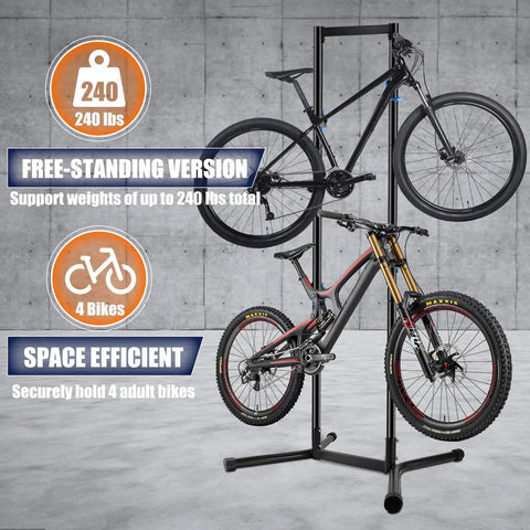 Freestanding Bike Storage Rack For Garage Holds Four Bikes With Adjustable Arms Gravity Indoor Stand Space Saving Vertical Design For MTB And Road Bikes Up To 240lbs No Drill Easy Setup displayed with two bikes mounted in a garage setting.