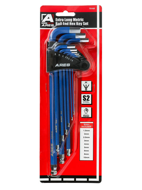 Metric Long Arm Ball End Hex Key Set With Chrome Finish And Bright Blue Anti-Slip Coating Includes 9 Sizes from 1.5mm to 10mm