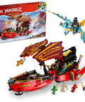 Ninjago Destiny's Bounty Race Against Time 71797 Airship Battle Set with box, airship, 6 minifigures, and 2 dragons.