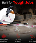 Pink Clear Safety Glasses For Women With Anti Fog And Scratch Resistant Lenses ANSI Z87 Shield on a workbench