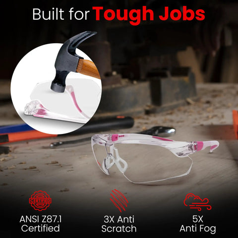 Pink Clear Safety Glasses For Women With Anti Fog And Scratch Resistant Lenses ANSI Z87 Shield on a workbench
