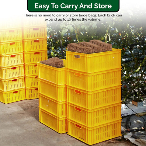 Coco Coir Organic Top Soil For Indoor And Outdoor Plants From A 4 Brick Pack That Expands To 10 Gallons in yellow crates