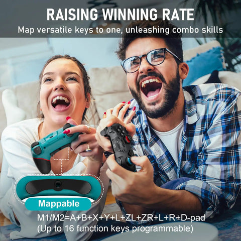 Two Pack Wireless Pro Controllers for Switch 2, Lite, and OLED with Mappable Buttons held by two people gaming together.