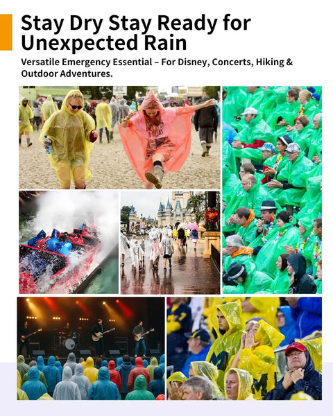 People in colorful ponchos at outdoor events, wearing Extra Long Adult Rain Ponchos With Hood, Disposable Waterproof Rain Gear 6 Pack.