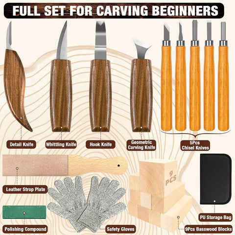 23 Piece Wood Carving Set For DIYers With 4 Large Knives 5 Detail Knives 9 Basswood Blocks Polishing Compound Leather Strop Kit