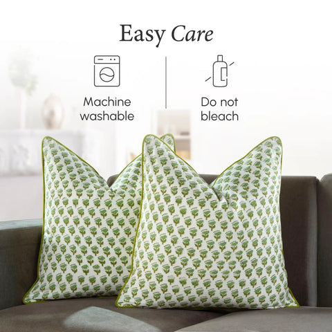 Emerald Green Block Print 18x18 Boho Cotton Throw Pillow Covers Set Of 2 With Hidden Zipper, Cozy Farmhouse Decor Cushions For Living Room And Bedroom, Modern Vintage Pattern, Soft And Durable, machine washable