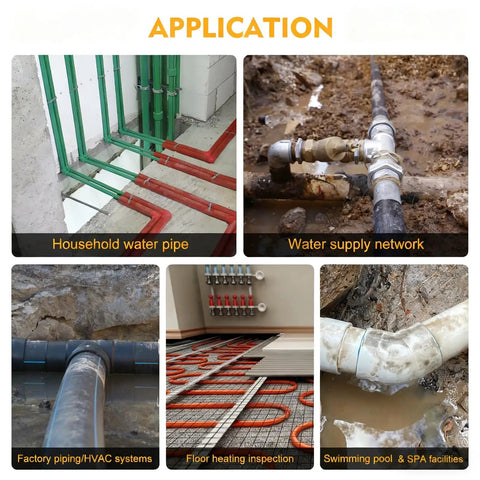Different plumbing applications relevant to Underground Water Leak Detector With Ultrasonic Geophone Sensor Digital Display Earphone And Carrying Case For Indoor Outdoor Plumbing Leak Detection On Water Pipes Up To 9.8 Feet Deep For Home And Job Sites.