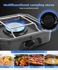 Dual Burner Propane Camping Stove With Piezo Ignition showing one burner lit, flame control knob, and cooking examples