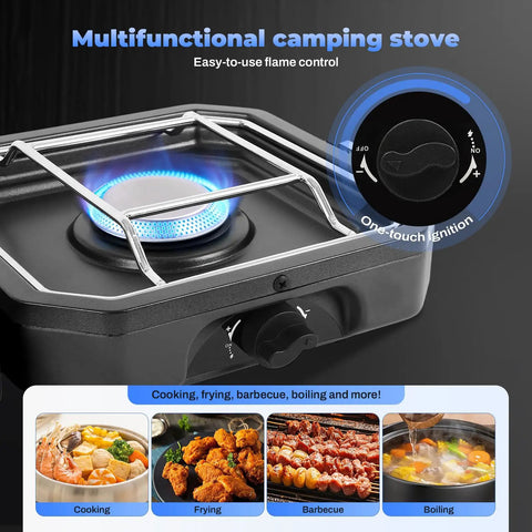 Dual Burner Propane Camping Stove With Piezo Ignition showing one burner lit, flame control knob, and cooking examples