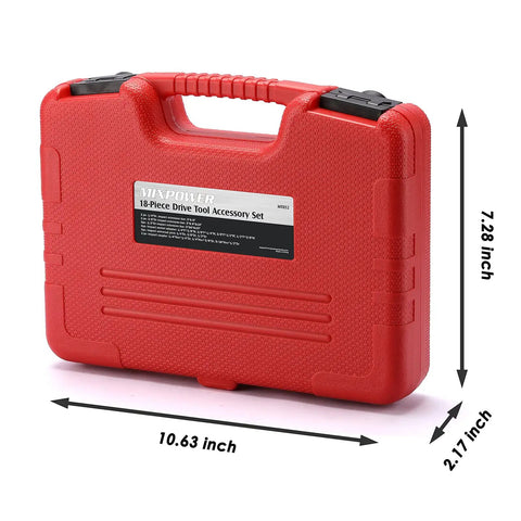 Red carrying case for Heavy Duty Drive Tool Accessory Set With CR-V Steel And Black Phosphate Finish Includes Socket Adapters