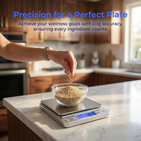 Kitchen Scale 3000G 0.1G Digital Food Scale With LCD Tare Function, weighing grains with bowl on kitchen counter.
