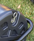 Close-up of poly drum with drain plug on Tow Behind 18 Inch By 36 Inch Poly Lawn Roller Water Filled To 400 Lb Weight Durable Poly Drum With Steel Frame And Drain Plug Designed For Lawn And Garden Tractors To Flatten Uneven Soil Level New Seedbeds And Smooth Turf