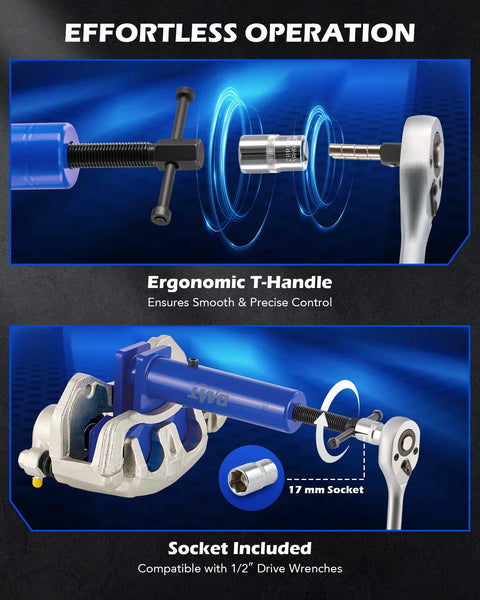 Orion Motor Tech caliper piston compressor tool with ergonomic T-handle; includes 17 mm socket for 1/2" drive
