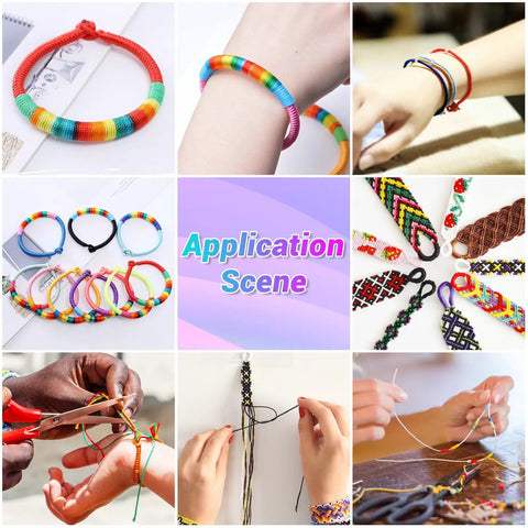 Various uses of colorful waxed polyester cord, showing bracelets and macrame, crafted with Twenty Rolls Wax String For Bracelet Making.