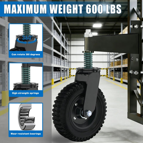 Beefy Heavy Duty Gate Wheels For Metal Tube Gates 6 Inch And 8 Inch Rubber Wheels With Shock Absorbing Springs 360 Degree Silent Roll Supports Up To 600 Lb No Sag Gates On Wooden Or Metal Doors shown installed on gate