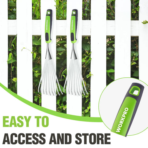 Two handy 16 inch compact stainless steel hand rakes with soft grip handles hanging on a fence, ideal for delicate garden tasks.