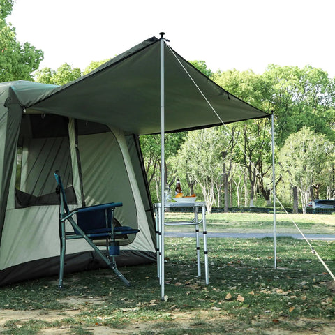 Bug Proof Camping Screen Tent With Mosquito Netting, Spacious 11.8 By 6.6 By 6.2 Ft Interior, Fits 4 To 6 People, Includes 6 Windropes And 12 Stakes, Portable Screen House For Hammock, Beach, Picnics, Parties, And Backyard Fun set up in a backyard with a chair and table