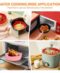 Reusable Silicone Air Fryer Liners Set Of 3, 8.5 Inch Round Basket Liners shown in air fryer, microwave, and oven use