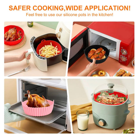 Reusable Silicone Air Fryer Liners Set Of 3, 8.5 Inch Round Basket Liners shown in air fryer, microwave, and oven use