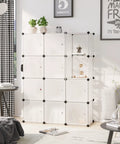 12 Cube Storage Organizer With Doors For Home And Living Room, DIY Plastic Modular Bookshelf in Transparent White in living room setting