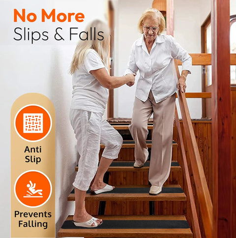 Non Slip Stair Treads For Indoor Outdoor Use Waterproof Grip Tape For Wood Concrete Metal Steps Weatherproof Anti Slip Tape Heavy Duty 6x24 Inches 5 Pack Safe Traction For Pets And Family shown on wood stairs with two people walking