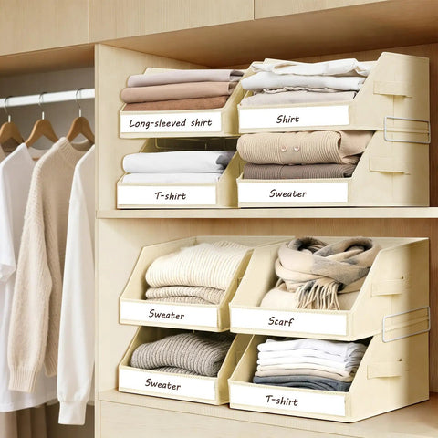 5 Tier Closet Organizer With Weekly Labels And Stackable Bins Metal Frame Shelf Foldable Cube Bins Kid Friendly Home Storage Baskets For Kids And Adults Beige with labeled bins holding shirts and sweaters.