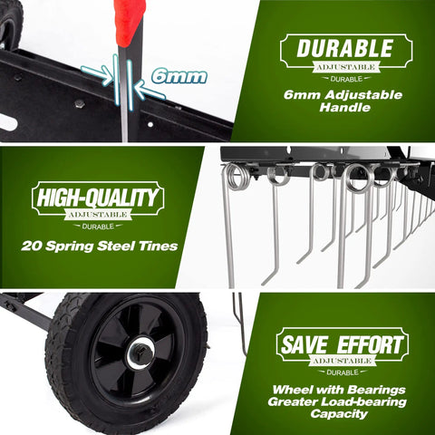 40 Inch Tow Behind Dethatcher With 20 Spring Steel Tines for Thick Lawns Powerful Lawn Sweeper Rake showing adjustable handle