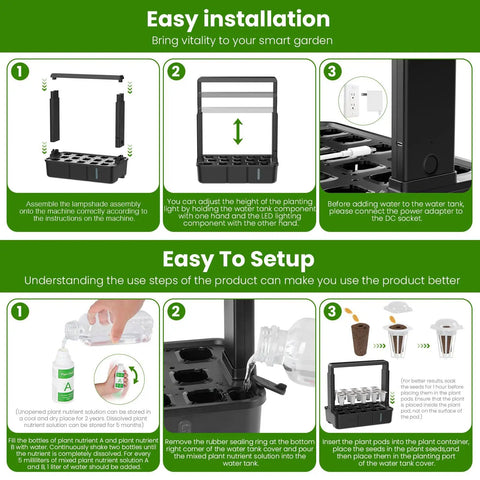 Indoor Hydroponics Garden System With 15 Pod Grow Kit For Herbs And Veggies, LED Grow Light setup instructions