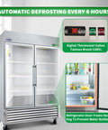 Score A Rock Solid 54 Inch Commercial Glass Door Reach In Refrigerator With Tempered Double Doors 46 Cubic Feet with digital thermostat and shelves.