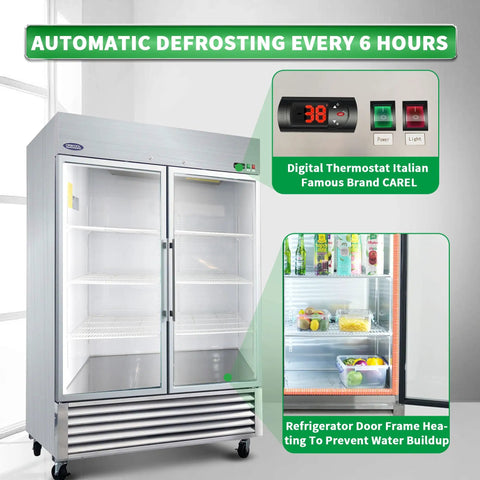 Score A Rock Solid 54 Inch Commercial Glass Door Reach In Refrigerator With Tempered Double Doors 46 Cubic Feet with digital thermostat and shelves.