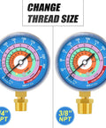 Front view of Refrigeration Pressure Gauge for AC Systems, Pro Grade 1/8 Inch NPT, 30 In Hg to 250 Psi Range, blue dial, thread size options.
