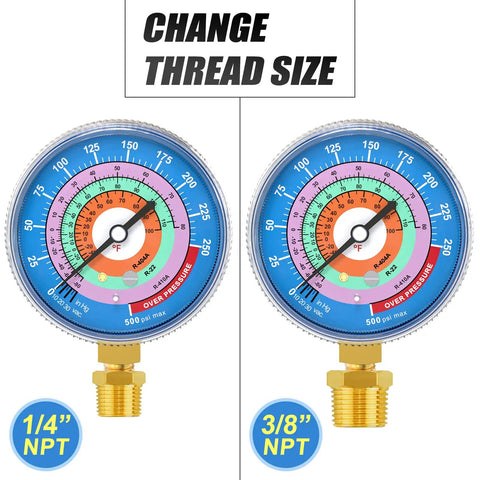 Front view of Refrigeration Pressure Gauge for AC Systems, Pro Grade 1/8 Inch NPT, 30 In Hg to 250 Psi Range, blue dial, thread size options.