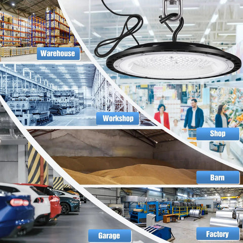 6 Pack 400W UFO LED High Bay Light Fixtures for warehouse, factory, gym, workshop; 120V, 5000K, 61,000 lumens, 150 lm/W