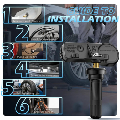 Guide to installation of Preprogrammed 315MHz TPMS Tire Pressure Monitor Sensor Fits GM Cars with installation steps shown.