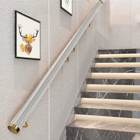 Custom Length Transparent Acrylic Railing Kit Straight Up Non Slip Handrail System mounted on stairs with stainless steel mounts.