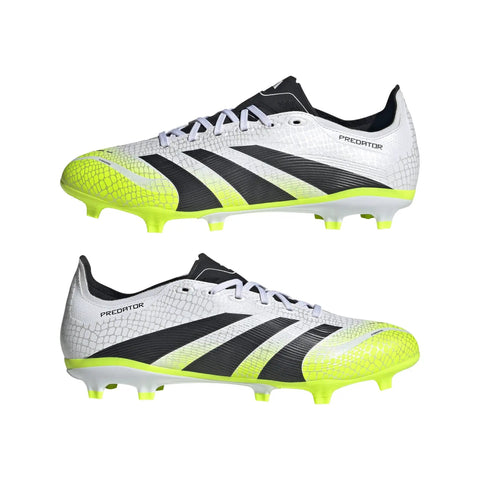 Predator League Soccer Cleats For Unisex On Firm Ground And Multi Ground, White Black Lucid Lemon, Size 4.5 side view showing design.