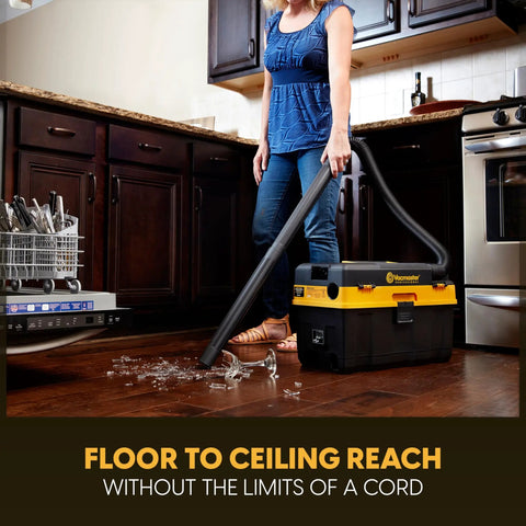Badass Pro Grade 4 Gallon Cordless Wet Dry Shop Vacuum With 24V Lithium Ion Battery Toolbox Design being used to clean up broken glass.