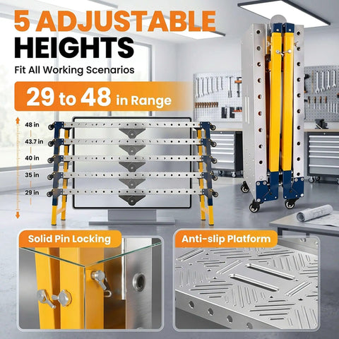 Heavy Duty Folding Welding Table Offering Twelve Hundred Pound Capacity Sixty Six By Seventeen Inch Alloy Steel Workbench with adjustable heights 29 to 48 inches.