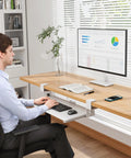 Under Desk Keyboard Tray With Smooth Pull Out Track, Ergonomic Mouse Platform For Office Space Hack in use with a worker at a desk.