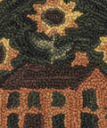 Round Chair Pad Featuring House And Sunflowers Folk Art Design with detailed sunflowers and rustic house pattern.