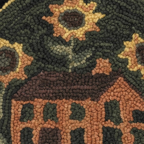 Round Chair Pad Featuring House And Sunflowers Folk Art Design with detailed sunflowers and rustic house pattern.