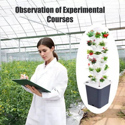Vertical Hydroponic Tower Kit For Indoor Herb And Veggie Garden, 30 Plant Slots, displayed in greenhouse with researcher