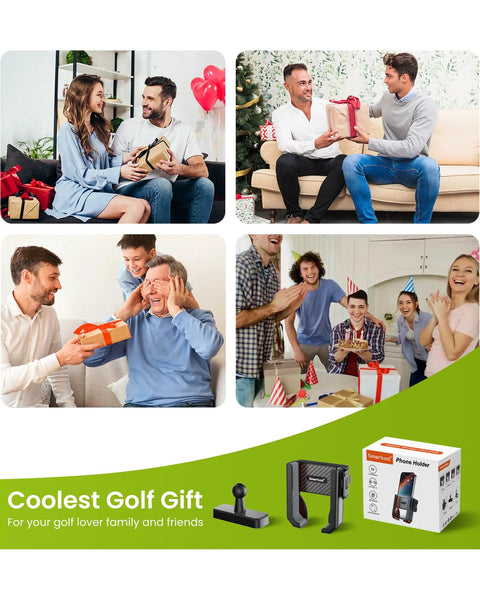 People exchanging gifts with a Magnetic Golf Cart Phone Holder Mount Holds Up To 6 Lbs Easy Clip Install Phone Caddy box.