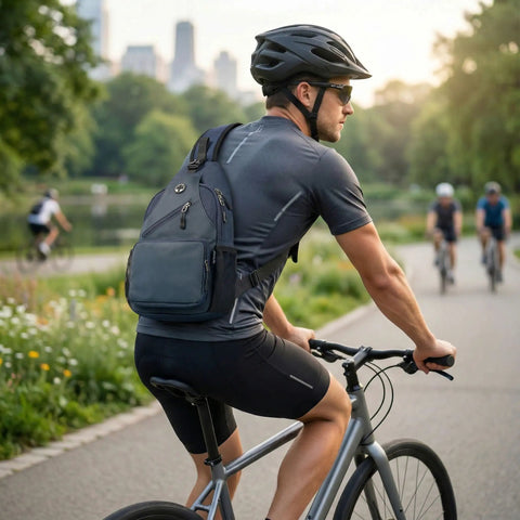Cyclist wearing Men's Sling Bag Crossbody Backpack on bicycle path in park