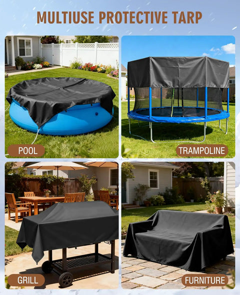 Heavy Duty Built Tough 20 Mil Waterproof Tarp 6.5x7 Ft Black Tarpaulin With Reinforced Webbing Loops covering pool furniture