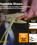 Close-up of serrated stainless steel shears cutting plants, part of All In One Veg Garden Tool Set With Serrated Stainless Steel Shears Four In One Seed Sower Rust Resistant Trowel Cultivator Weeder And L XL Garden Gloves For Easy Planting And Harvesting.