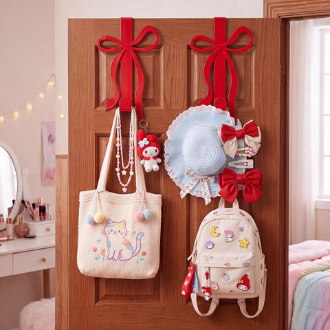 Sort Your Daily Grind Smoothly With These Heavy Duty Red Bow Over The Door Hooks Perfect For Dropping Coats Towels Hats And Bags While Keeping Main Room Coquette Vibes Strong, featuring accessories on hooks.