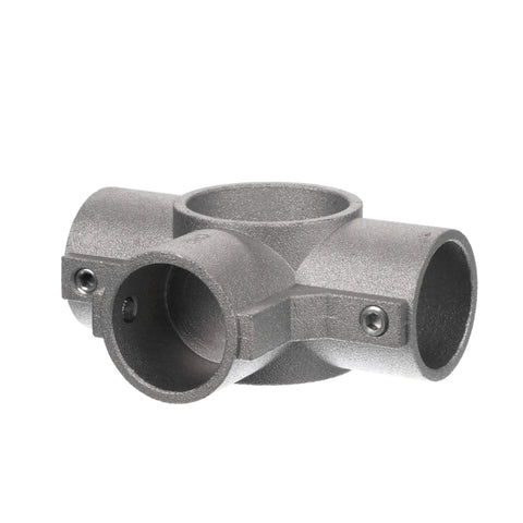 Brushed Aluminum Center Cross Brace Fitting links 1-5/8 vertical pipes to three 1-1/4 horizontal rails in matte gray finish.